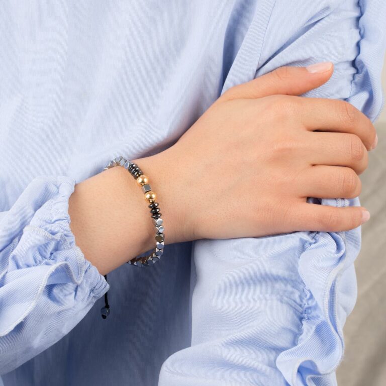 دستبند طلا سنگی دو گوی و حدید روشن