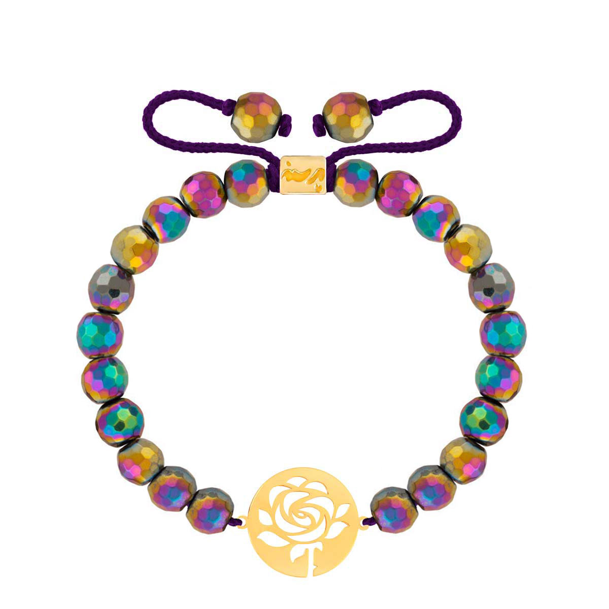 دستبند طلا سنگی پلاک گل رز و حدید رنگی