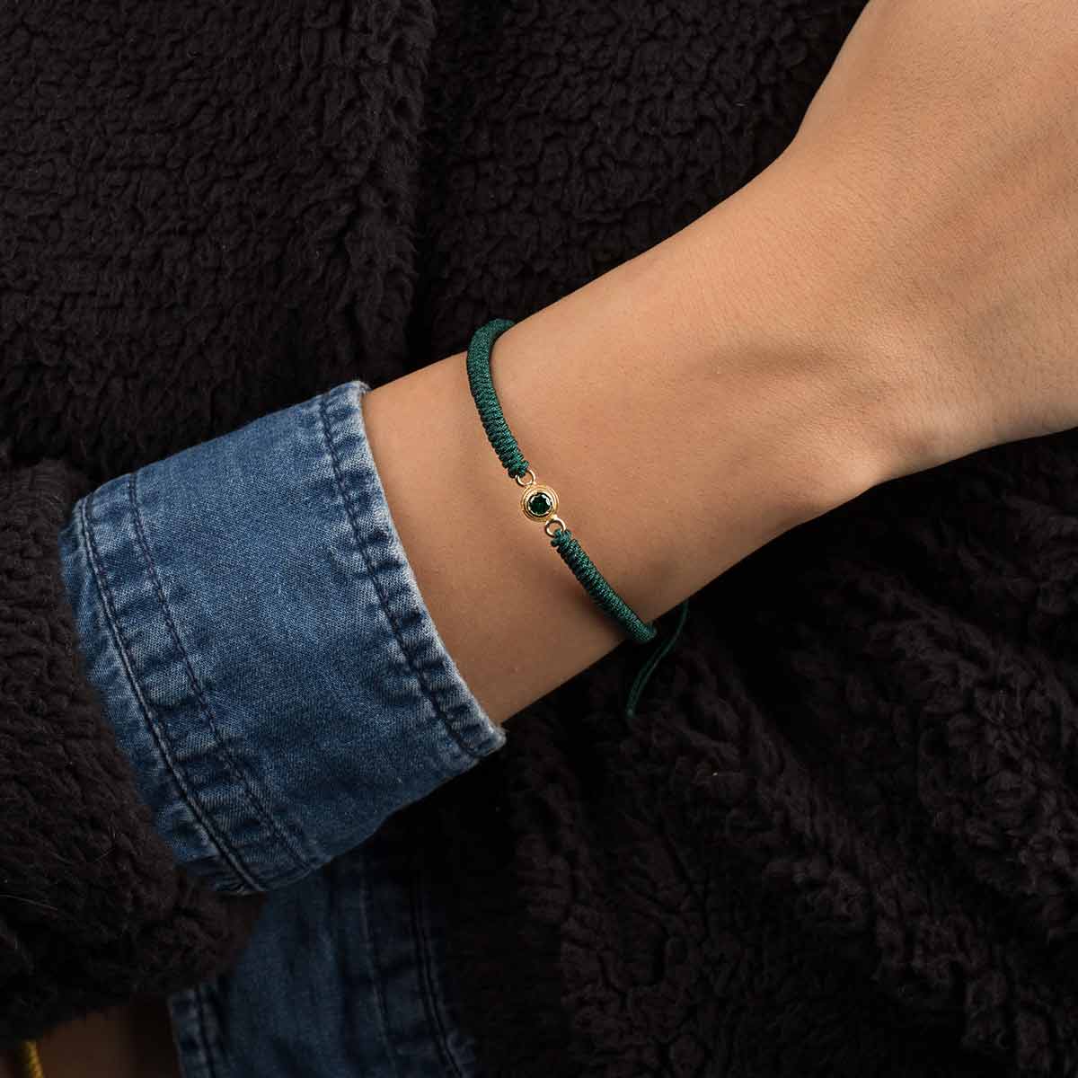 دستبند طلا بافت سبز و تک نگین سبز