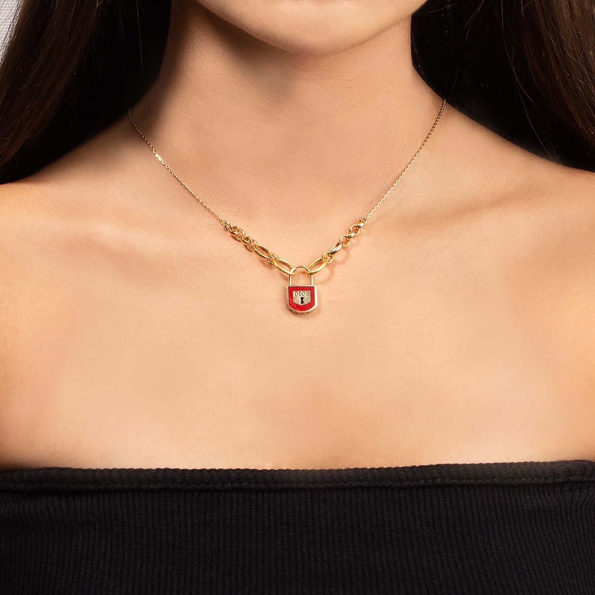 گردنبند طلا قفل مینا کاری سرمه ای "Dior" گالری طلا پرسته